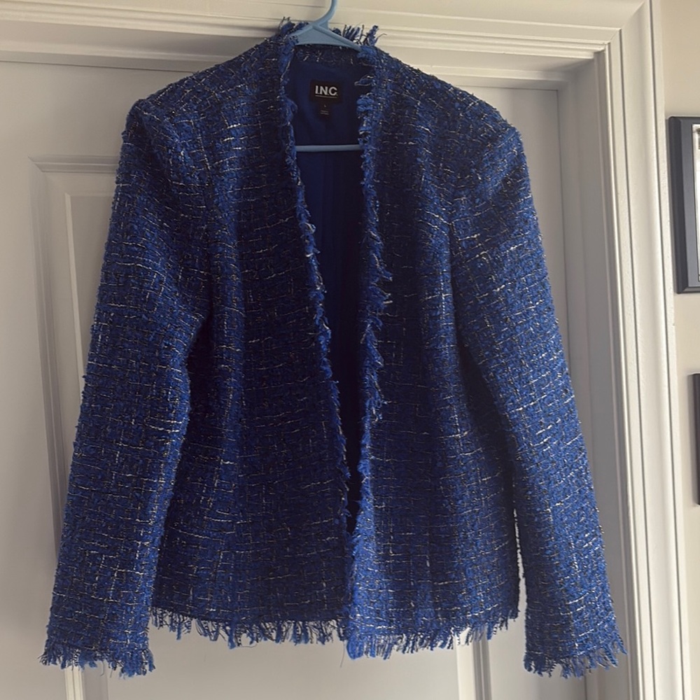 INC International Concepts Blue Textured Blazer with Frayed Trim